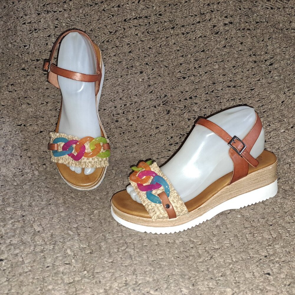 PORRONET-Leather/Raffia Wedge Sandals-Plastic Color Chain-Sz 39/8.5-Excellent